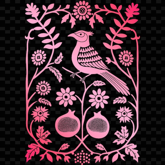 PSD embroidered runner outline with pomegranate design and bird illustration frames decor collection