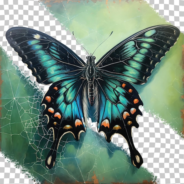 PSD farfalla di coda di rondine di smeraldo vicino a uno sfondo trasparente della ragnatela