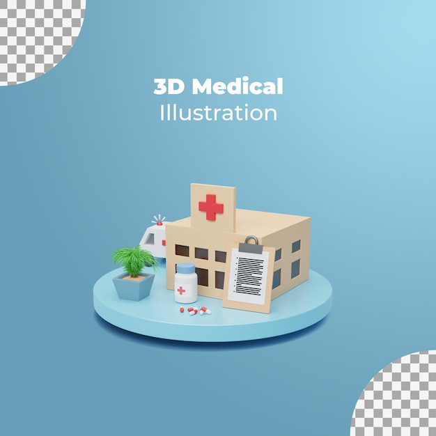 PSD isometrica di emergenza con rendering 3d di apparecchiature mediche