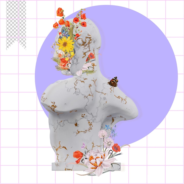 PSD emil andreasen statues 3d renders collage with flower petals compositions for your work