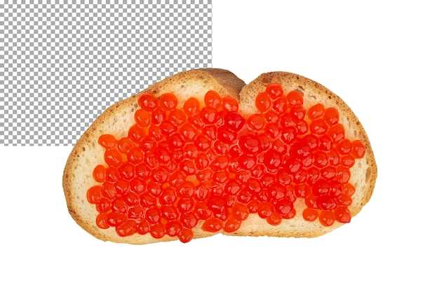 Emitted red caviar lies on a piece of white bread Isolation on a transparent background