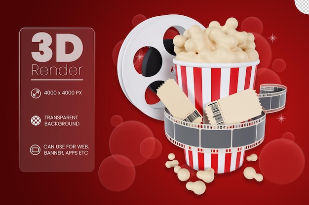 Emmer popcorn filmrol en kaartje 3d illustratie