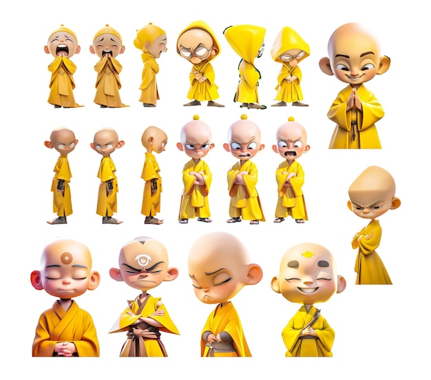 PSD emoji emoticon set di piccolo monaco personaggio molteplici pose e espressioni