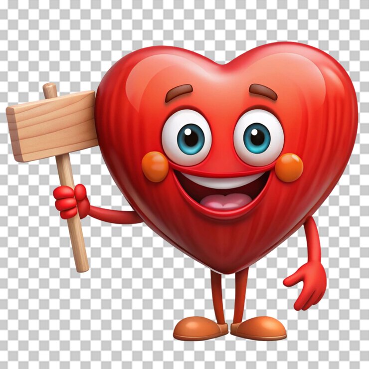 PSD emoji heart shaped with a cheerful smile holding a blank wooden on transparent background