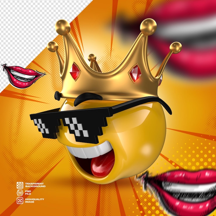 PSD emoji z koroną i parą okularów przeciwsłonecznych i jednym z żółtym tłem