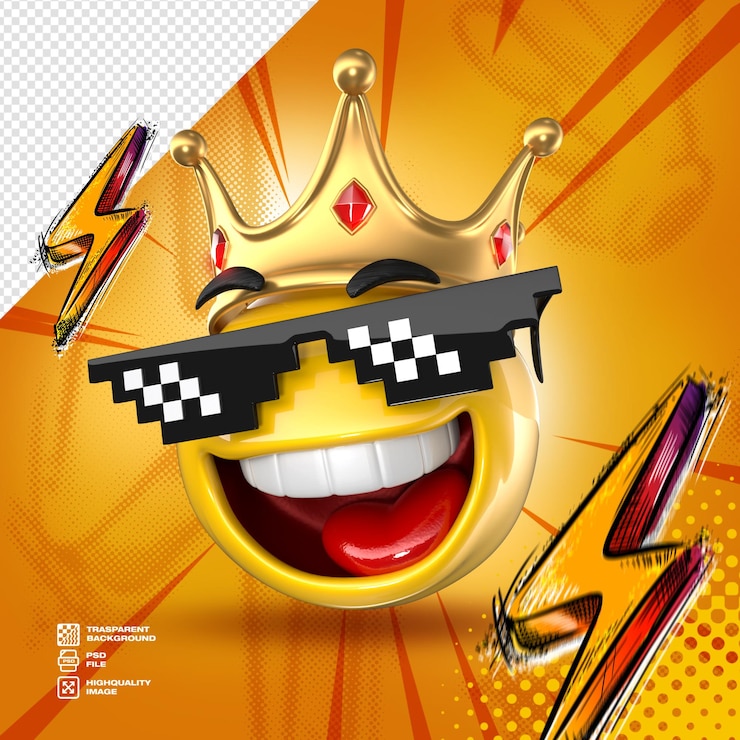 PSD emoji z koroną i parą okularów przeciwsłonecznych i jednym z żółtym tłem
