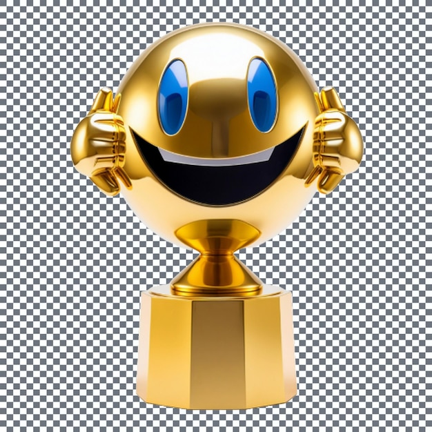 Emoticon emoticon sorridente con coppa del trofeo d'oro su sfondo trasparente