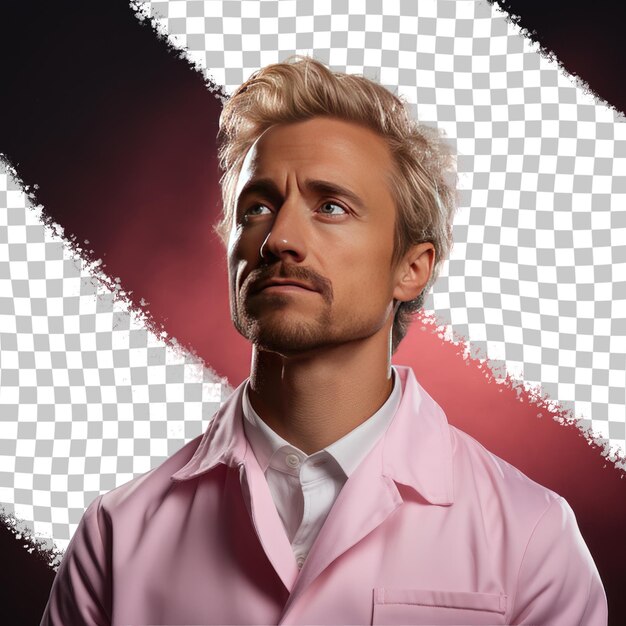 A empathetic adult man with blonde hair from the native american ethnicity dressed in medical scientist attire poses in a profile with dramatic lighting style against a pastel rose backgroun