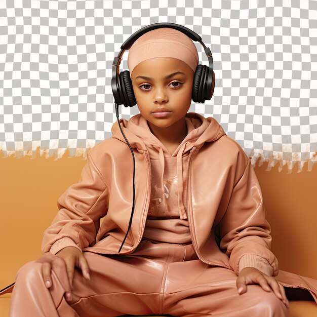 PSD a empathetic child girl with bald hair from the african american ethnicity dressed in disc jockey dj attire poses in a seated with head resting on hand style against a pastel peach backgroun