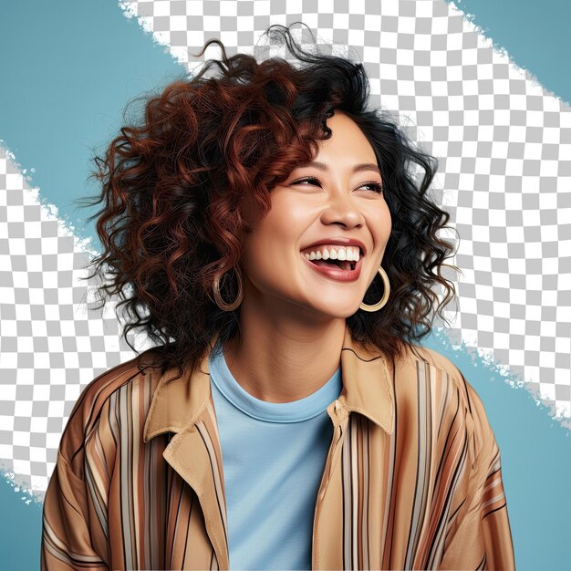 PSD empathetic curly haired southeast asian woman playful laughter in photographer attire against pastel sky blue background