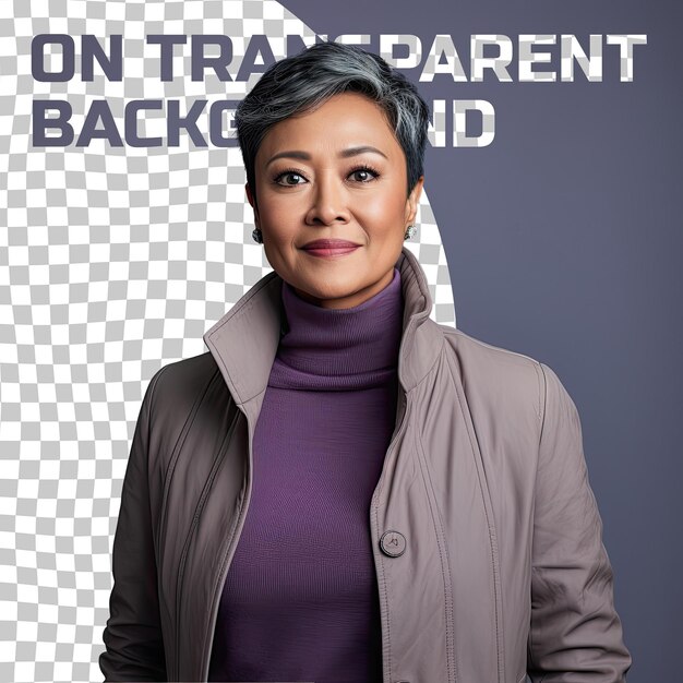 PSD empathetic journalist middle aged pacific islander woman poses in jacket collar short hair pastel lavender background