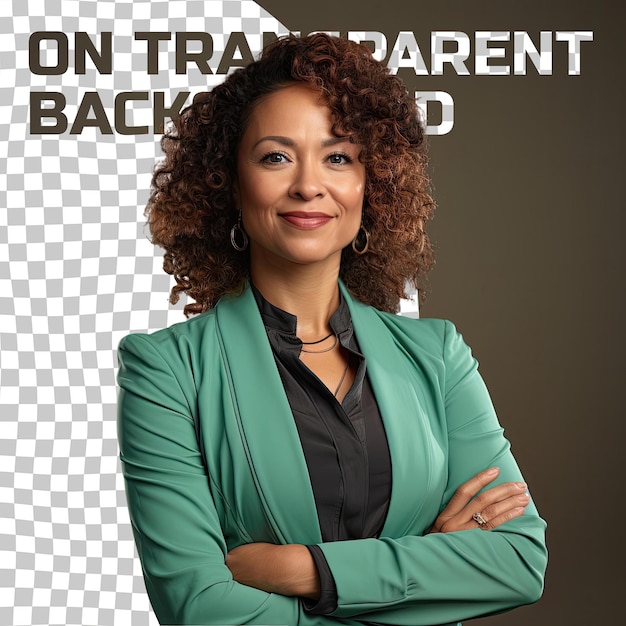 PSD empathetic latina middle aged paralegal curly haired leaning forward posing on pastel green background