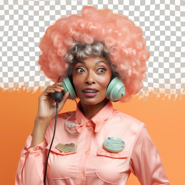 Empathetic nordic air traffic controller senior woman with kinky hair in hand brushing through hair pose pastel coral background