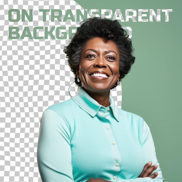 PSD a empathetic senior woman with kinky hair from the african american ethnicity dressed in playing golf attire poses in a tilted head with a grin style against a pastel mint background