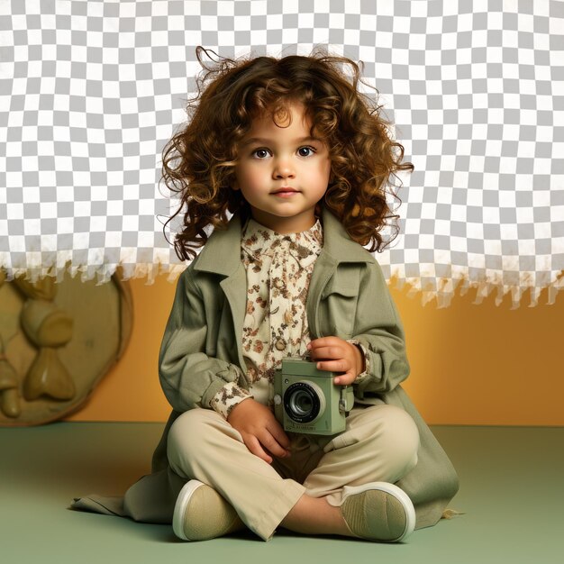 A empathetic toddler woman with curly hair from the southeast asian ethnicity dressed in taking photographs attire poses in a full length with a prop like a chair style against a pastel gree