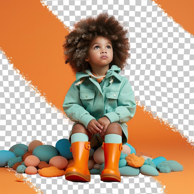 PSD a empathetic toddler woman with kinky hair from the uralic ethnicity dressed in marine biologist attire poses in a sitting with legs stretched out style against a pastel tangerine backgroun