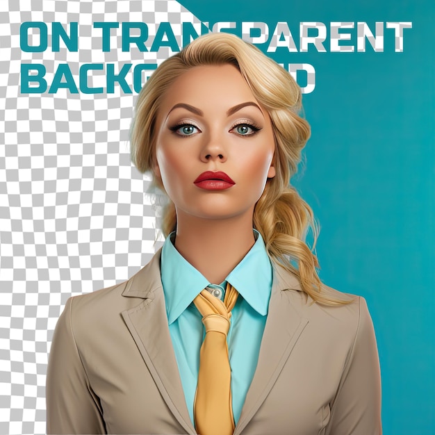 PSD empatyczna dorosła kobieta z blond włosami pochodzenia hiszpańskiego ubrana w strój agenta nieruchomości pozuje w stylu close up of lips na pastelowym turkusowym tle