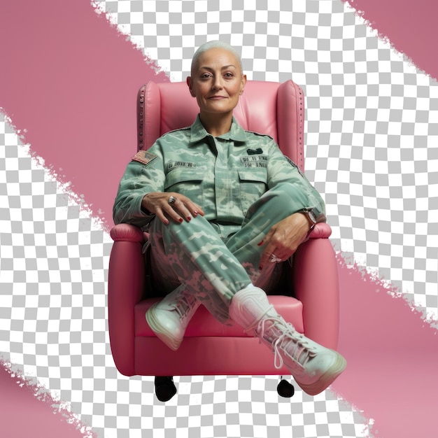 PSD empatyczna starsza w stroju wojskowym łysia kobieta z wysp pacyfiku pozuje w pozycji siedzącej na zielonym tle
