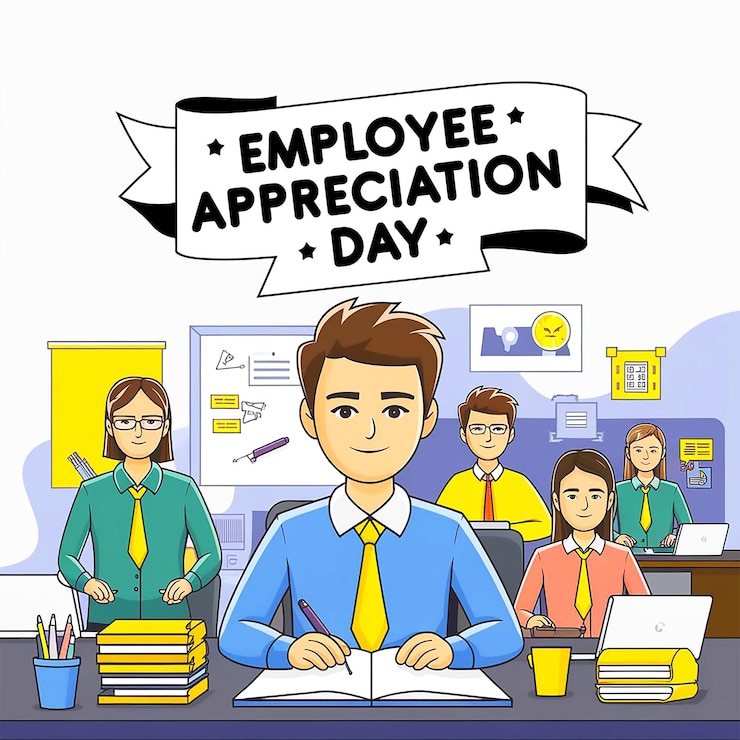 PSD employee appreciation day banner with cartoon design employee