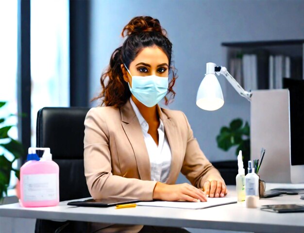 Employee disinfecting electronic device