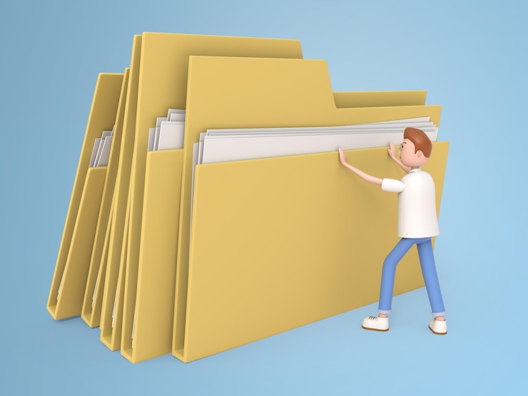 PSD employee with documents and file folders isolated background