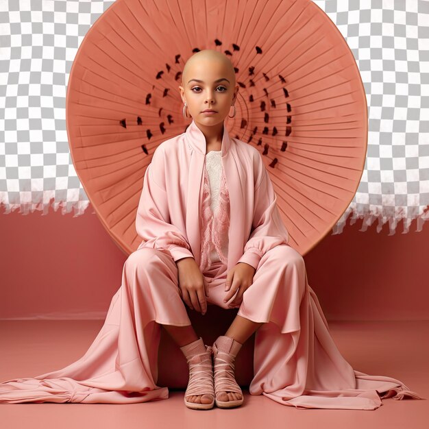 A empowered child girl with bald hair from the aboriginal australian ethnicity dressed in copywriter attire poses in a seated with one hand raised style against a pastel salmon background