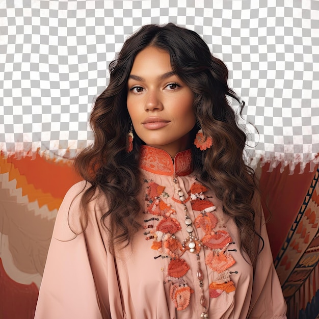 PSD empowered native american woman wavy haired painting attire close up eyes against pastel coral