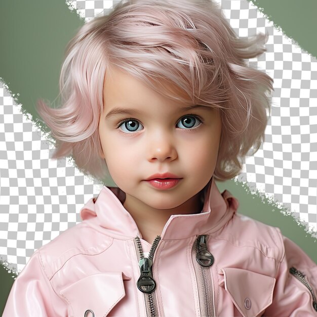 PSD a empowered toddle girl with short hair from the scandinavian ethnicity dressed in paramedic attire poses in a back to camera with turned head style against a pastel rose background