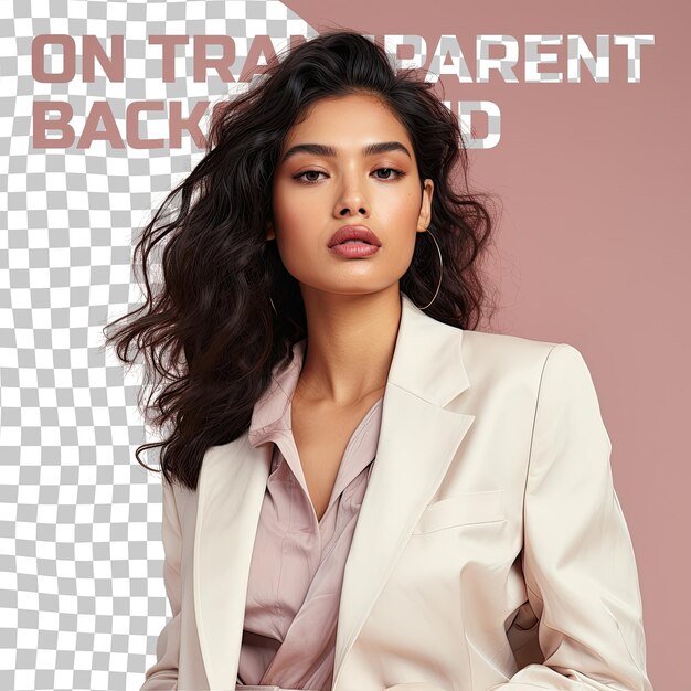 PSD empowering asian woman retail salesperson in wavy hair poses in sideways glance radiating confidence op pastel cream