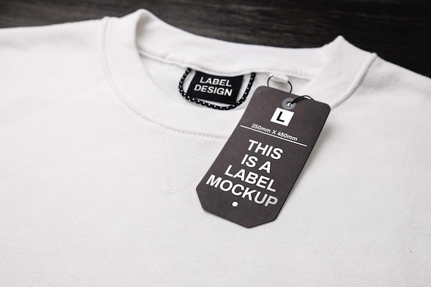 Etichetta nera vuota su felpa bianca per dimensioni e prezzo del logo mockup vuoto per il tuo design