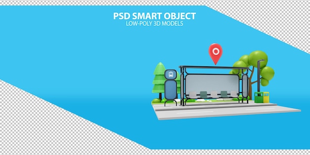 지도 핀 Psd 스마트 개체 3d 렌더링 이미지가 그라데이션 배경에 있는 빈 버스 정류장 대피소