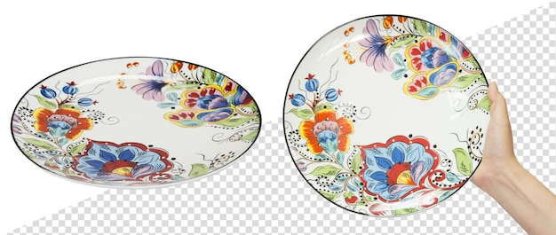 empty ceramic plate in hand. isolated from the background
