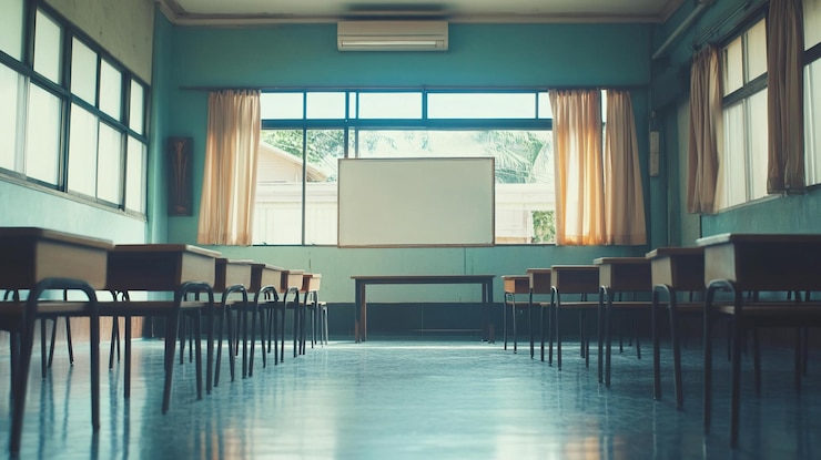 PSD empty classroom with desks chairs whiteboard and large window