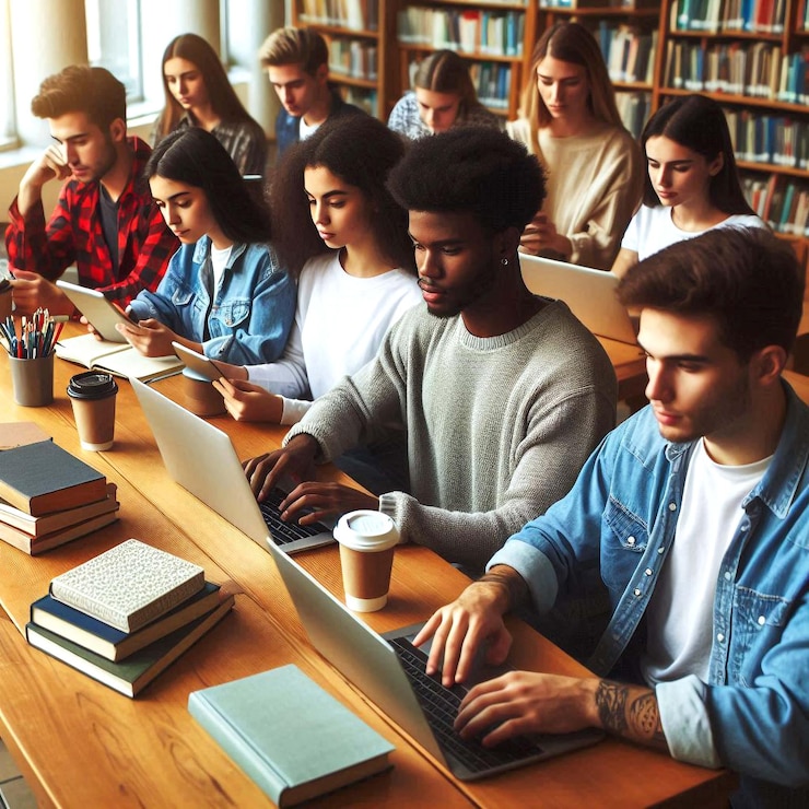 PSD an empty classroom with many desks and bookshelves created with generative ai technology