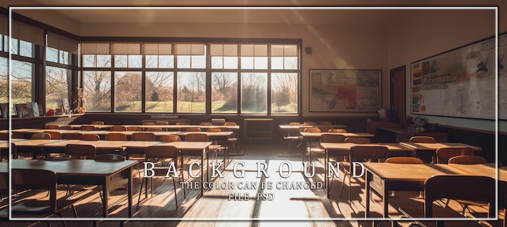PSD empty classroom with sunlight streaming through windows