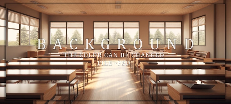PSD empty classroom with wooden desks and sunlight streaming in