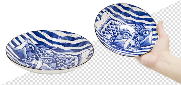 Empty deep ceramic plate in hand. isolated from the background