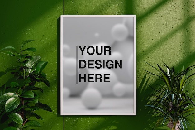 Empty frame hanging on green wall near potted plants with green leaves in daytime. mock up 3d render