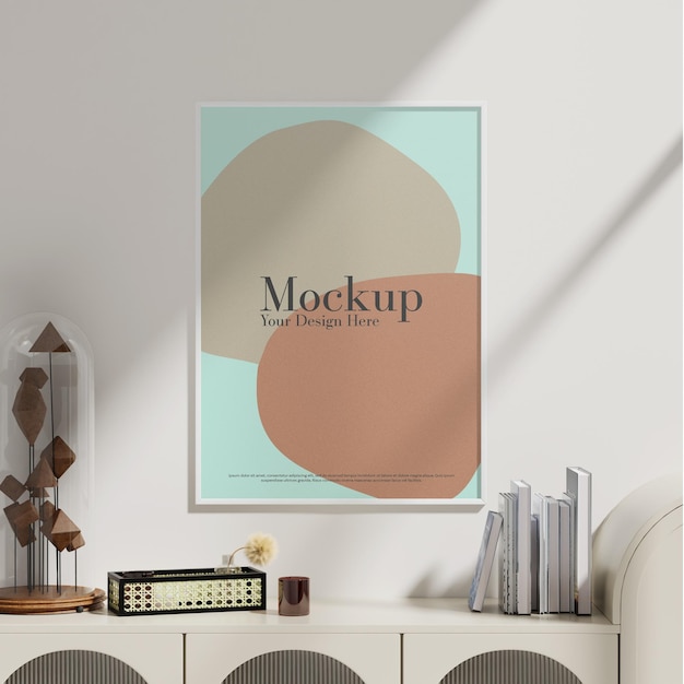 Empty frame mockup and desk table in living room
