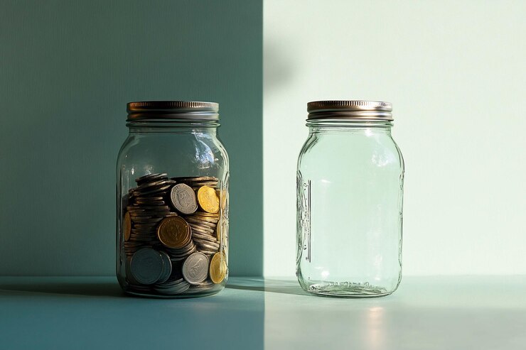 PSD empty and full glass jars showcasing saving concept