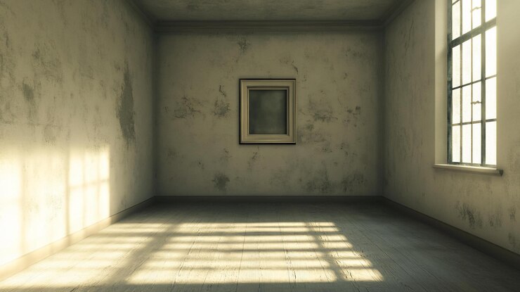 PSD empty grungy room with sunlight streaming through a large window and a picture frame on the wall