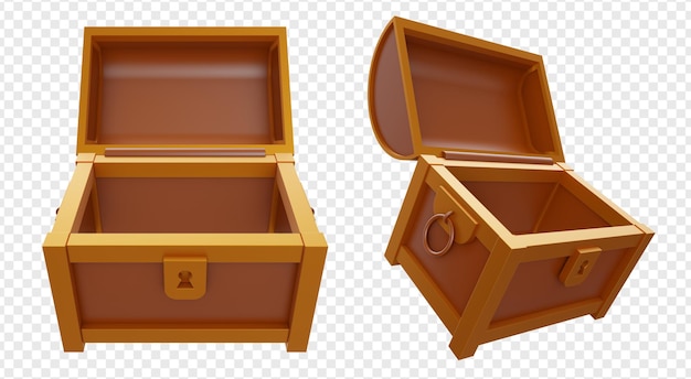 PSD scatola vuota aperta del forziere con oro e colore marrone isolato