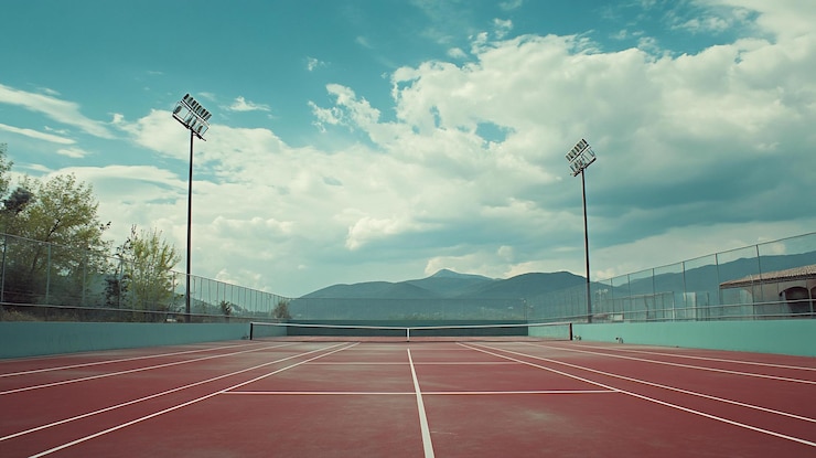 PSD empty outdoor tennis court under a partly cloudy sky with mountains in the background