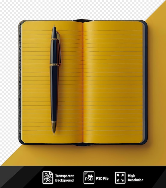 PSD empty paper diary notebook and pen on a yellow background png