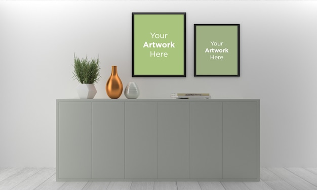 Empty photo frame Mockup Design with cabinet in interior