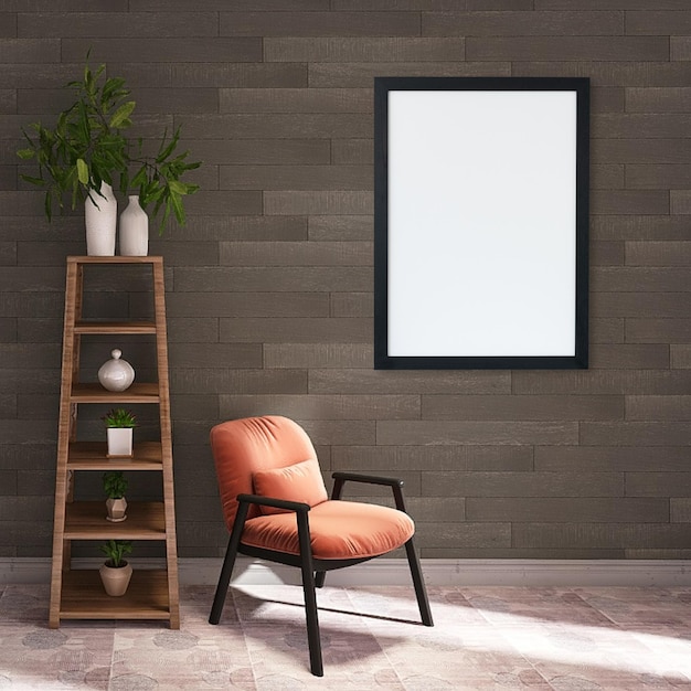 Empty photo frame mockup in modern living room interior design 3d render scene