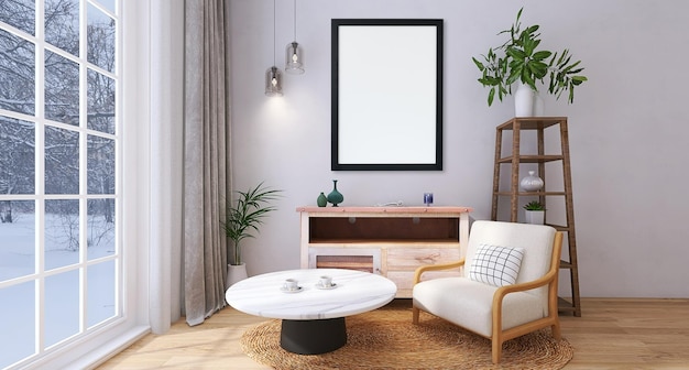 Mockup di cornice per foto vuota nel design degli interni del soggiorno moderno con divano, tavolo, sfondo bianco