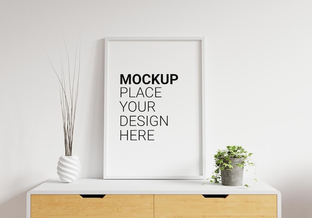empty photo frame for mockup in white room 3d rendering