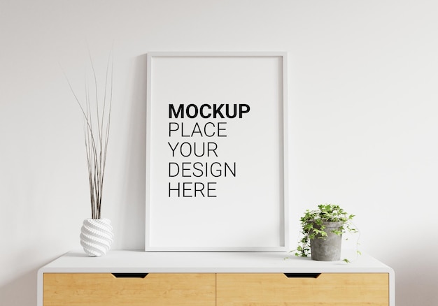 Empty photo frame for mockup in white room 3d rendering