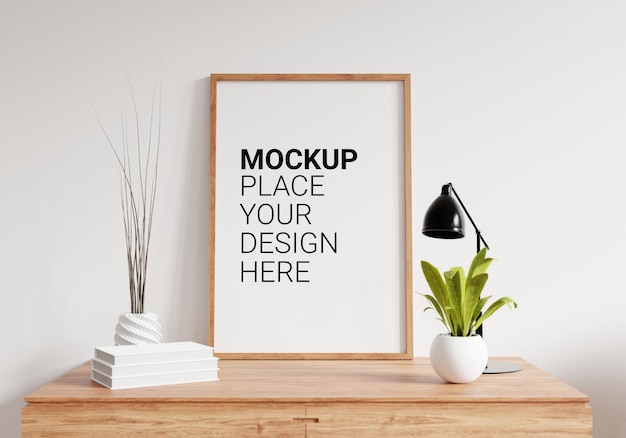 Empty photo frame for mockup in white room 3D rendering